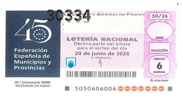 Décimo 30334 del sorteo 50-20/06/2026 Sábado