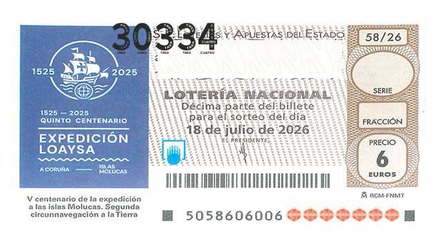 Décimo 30334 del sorteo 58-18/07/2026 Sábado