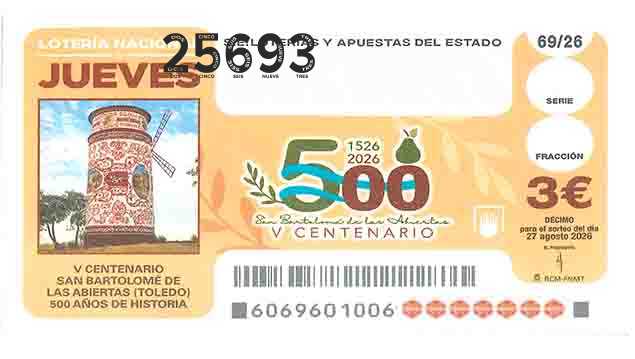 Décimo 25693 del sorteo 69-27/08/2026 Jueves
